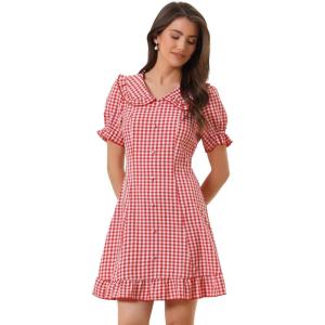 imageAllegra K Womens Gingham Checks Ruffled Peter Pan Collar Cute Mini DressRed
