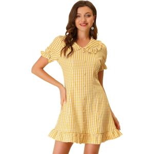 imageAllegra K Womens Gingham Checks Ruffled Peter Pan Collar Cute Mini DressYellow