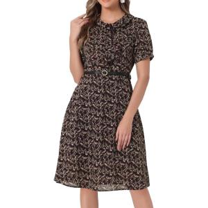 imageAllegra K Womens Peter Pan Collar Tie Neck Short Sleeves ALine Elegant Belted Vintage Floral DressBrown