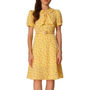 imageAllegra K Womens Peter Pan Collar Tie Neck Short Sleeves ALine Elegant Belted Vintage Floral DressYellow