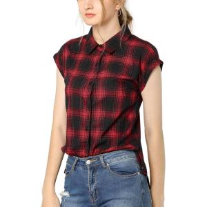 imageAllegra K Womens St Patricks Day Plaid Tops Casual Short Sleeves Western Button Down ShirtRed