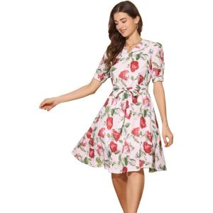 imageAllegra K Womens Vintage Peter Pan Collar High Waist Flowy Midi Puff Sleeve Floral DressBeige Red