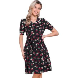 imageAllegra K Womens Vintage Peter Pan Collar High Waist Flowy Midi Puff Sleeve Floral DressBlack Rose