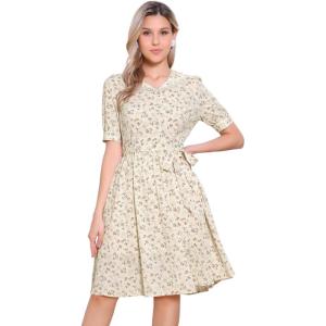 imageAllegra K Womens Vintage Peter Pan Collar High Waist Flowy Midi Puff Sleeve Floral DressLight Beige