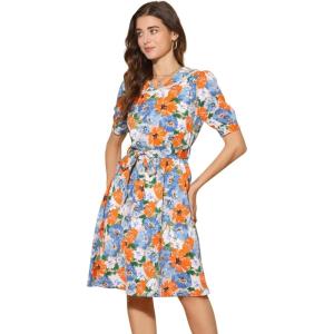 imageAllegra K Womens Vintage Peter Pan Collar High Waist Flowy Midi Puff Sleeve Floral DressOrange Blue