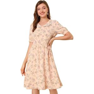 imageAllegra K Womens Vintage Peter Pan Collar High Waist Flowy Midi Puff Sleeve Floral DressPink
