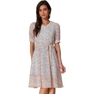 imageAllegra K Womens Vintage Peter Pan Collar High Waist Flowy Midi Puff Sleeve Floral DressRetro Light Blue