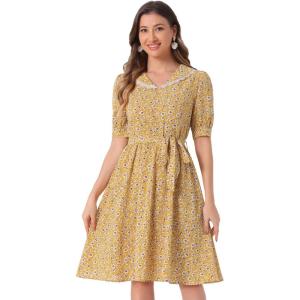 imageAllegra K Womens Vintage Peter Pan Collar High Waist Flowy Midi Puff Sleeve Floral DressYellow