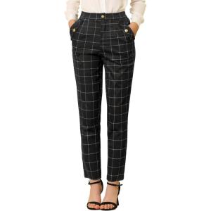 imageAllegra K Womens Vintage Tartan Plaid Pants Elastic Waist Straight Long TrousersBlack