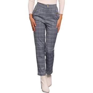 imageAllegra K Womens Vintage Tartan Plaid Pants Elastic Waist Straight Long TrousersGrey Blue