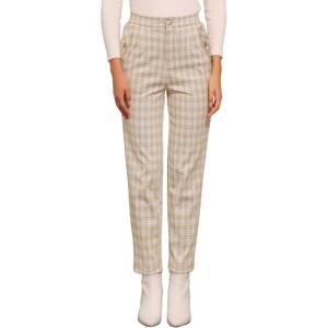 imageAllegra K Womens Vintage Tartan Plaid Pants Elastic Waist Straight Long TrousersKhaki