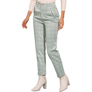 imageAllegra K Womens Vintage Tartan Plaid Pants Elastic Waist Straight Long TrousersLight Green