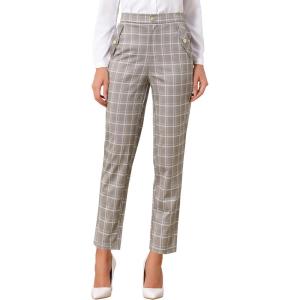 imageAllegra K Womens Vintage Tartan Plaid Pants Elastic Waist Straight Long TrousersTan