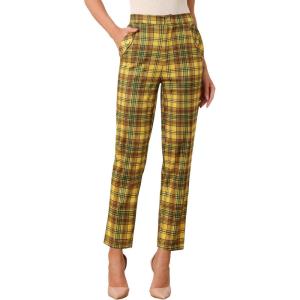 imageAllegra K Womens Vintage Tartan Plaid Pants Elastic Waist Straight Long TrousersYellow