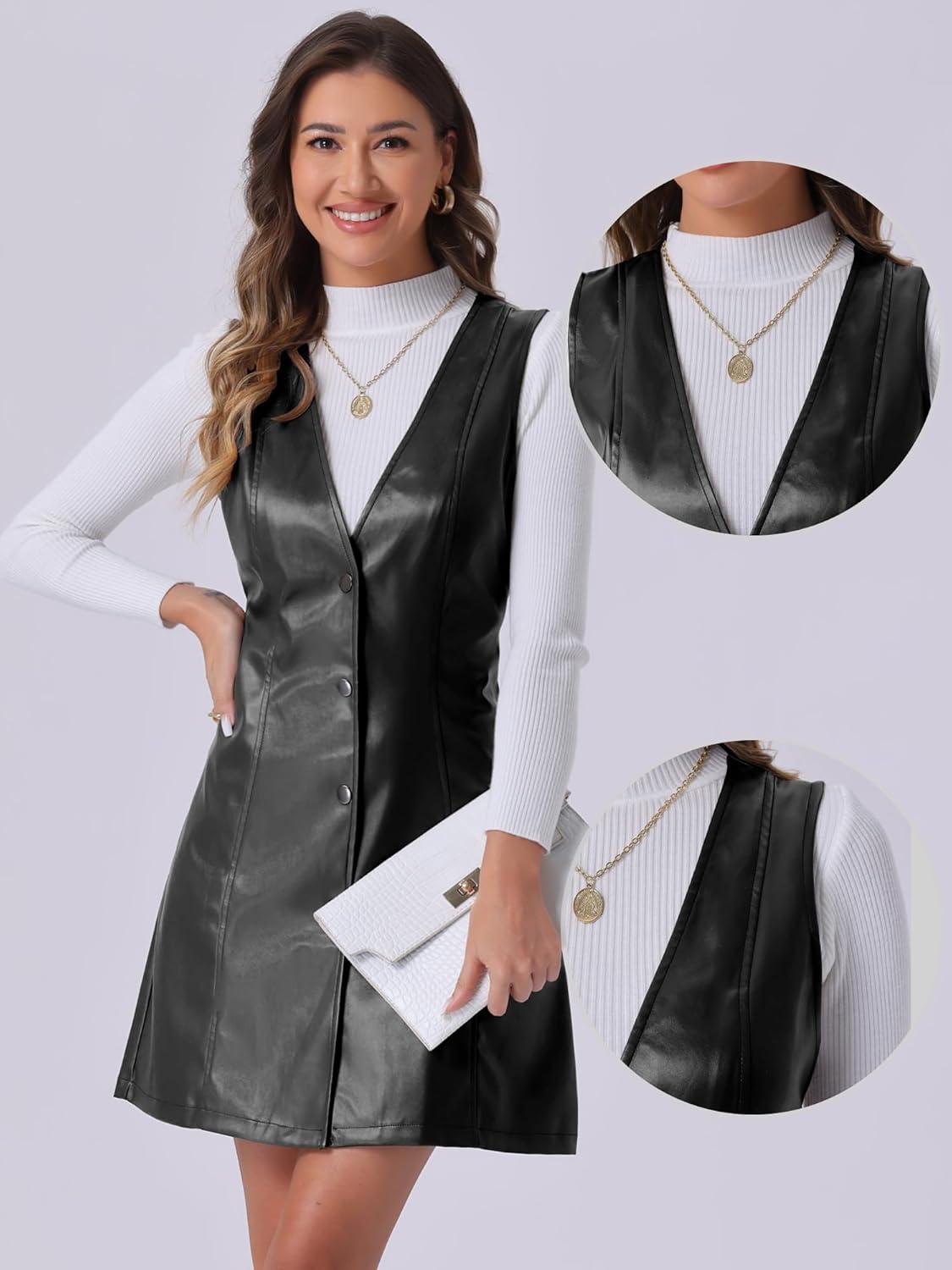 imageAllegra K Faux Leather Dress for Womens Pinafore Button Down V Neck Sleeveless Mini Overall DressesBlack