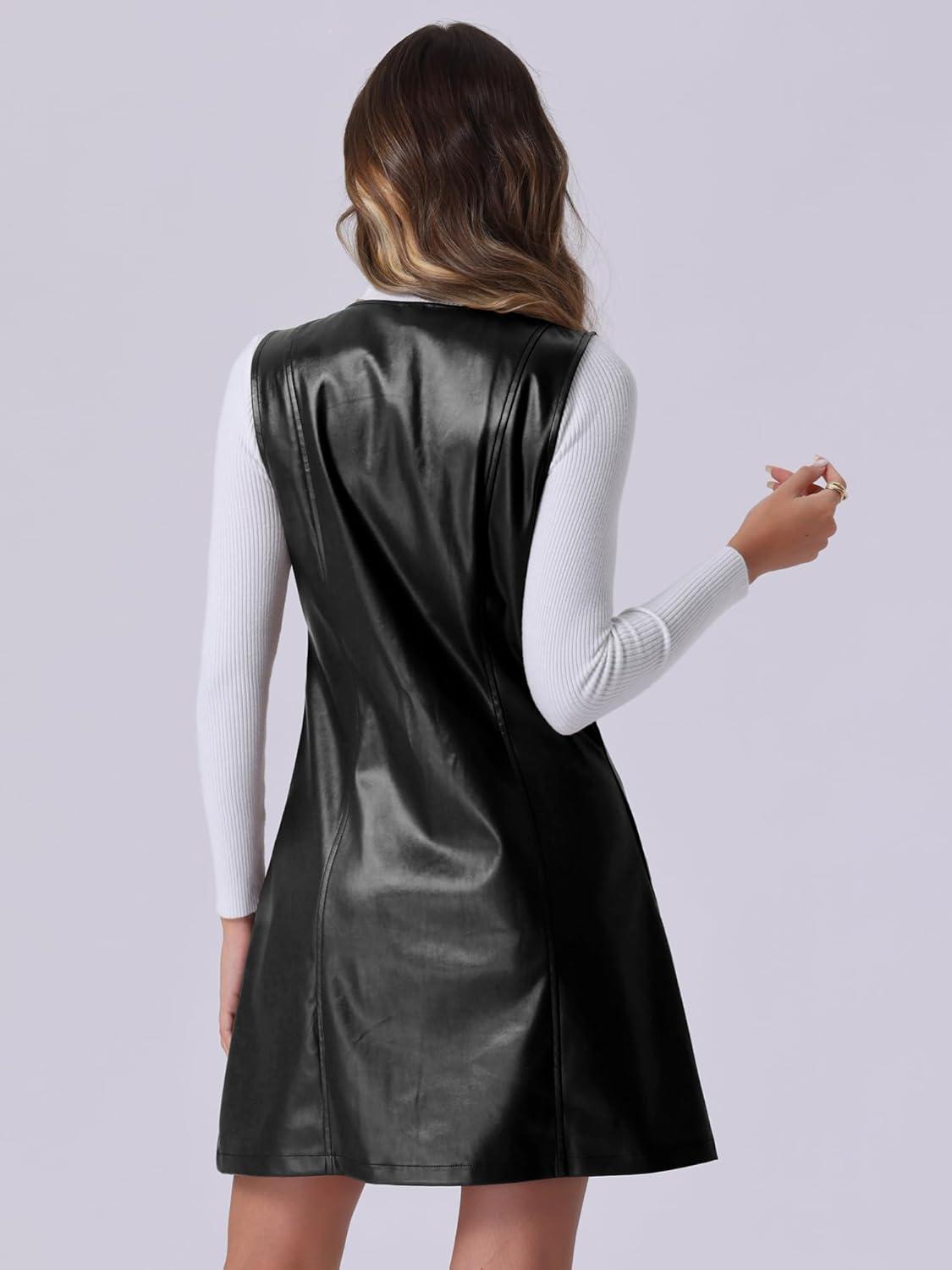 imageAllegra K Faux Leather Dress for Womens Pinafore Button Down V Neck Sleeveless Mini Overall DressesBlack
