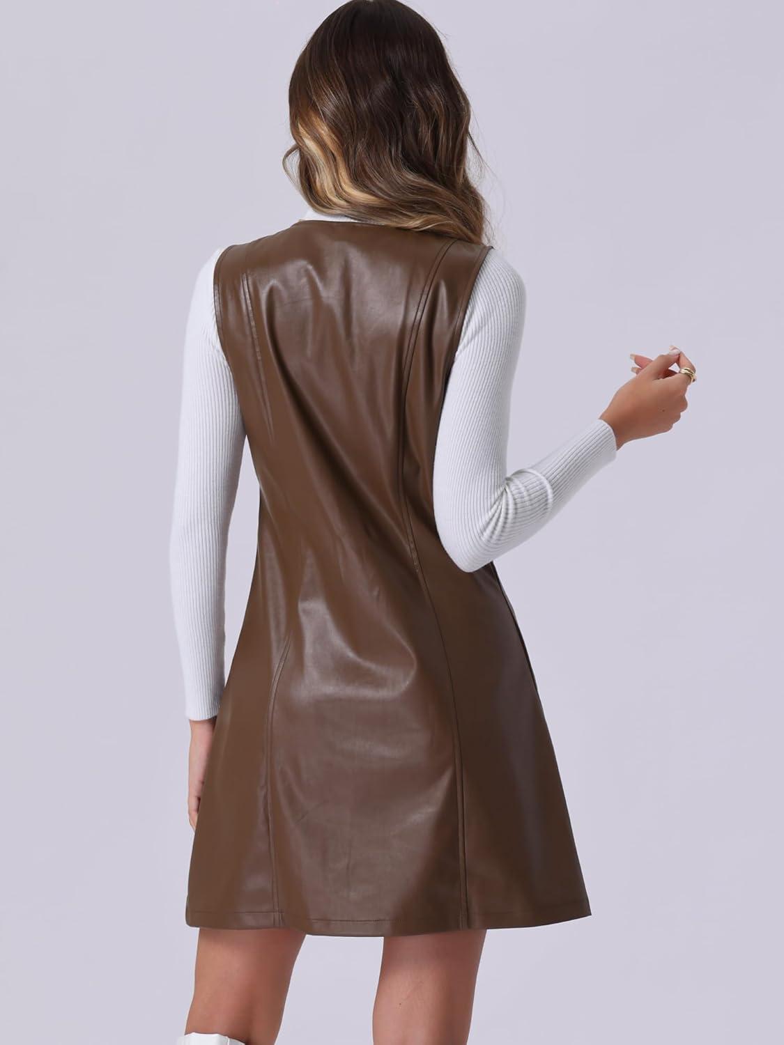 imageAllegra K Faux Leather Dress for Womens Pinafore Button Down V Neck Sleeveless Mini Overall DressesBrown