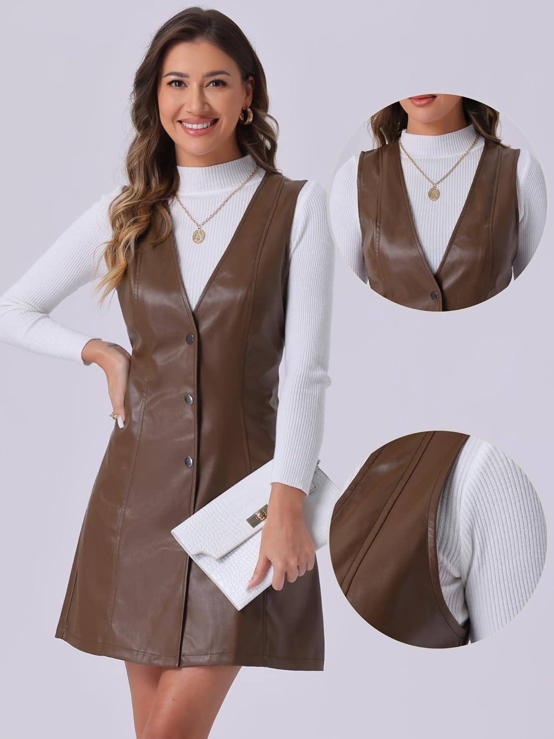 imageAllegra K Faux Leather Dress for Womens Pinafore Button Down V Neck Sleeveless Mini Overall DressesBrown