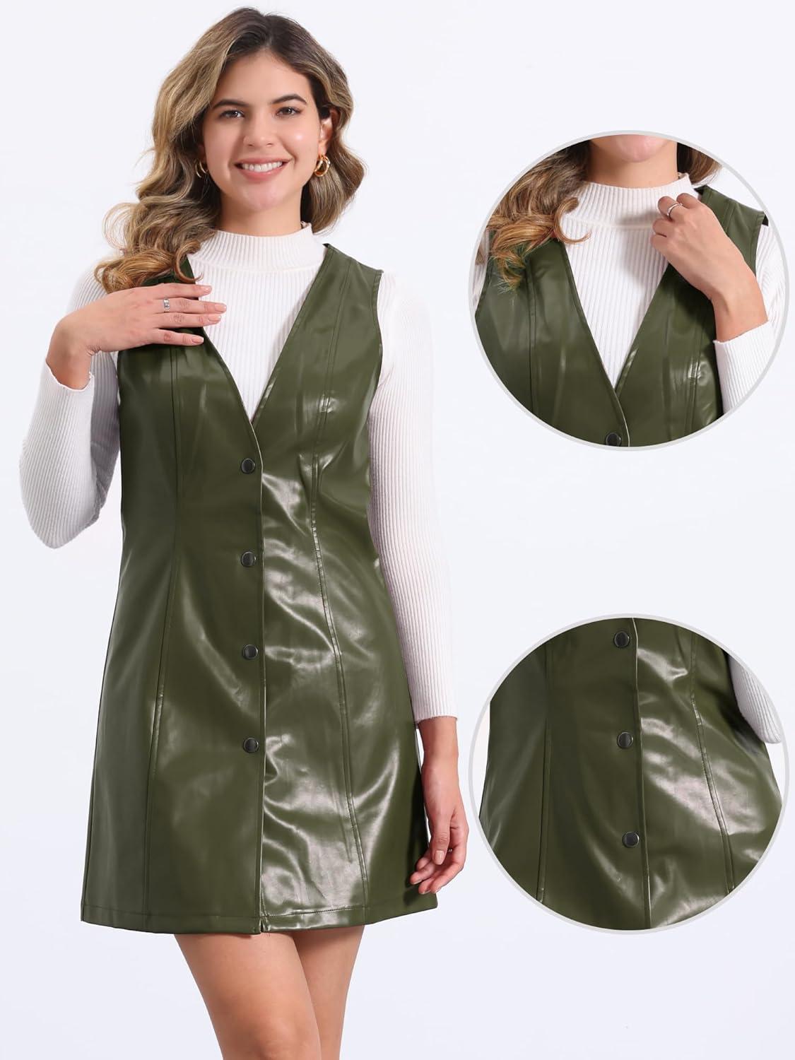 imageAllegra K Faux Leather Dress for Womens Pinafore Button Down V Neck Sleeveless Mini Overall DressesOlive Green