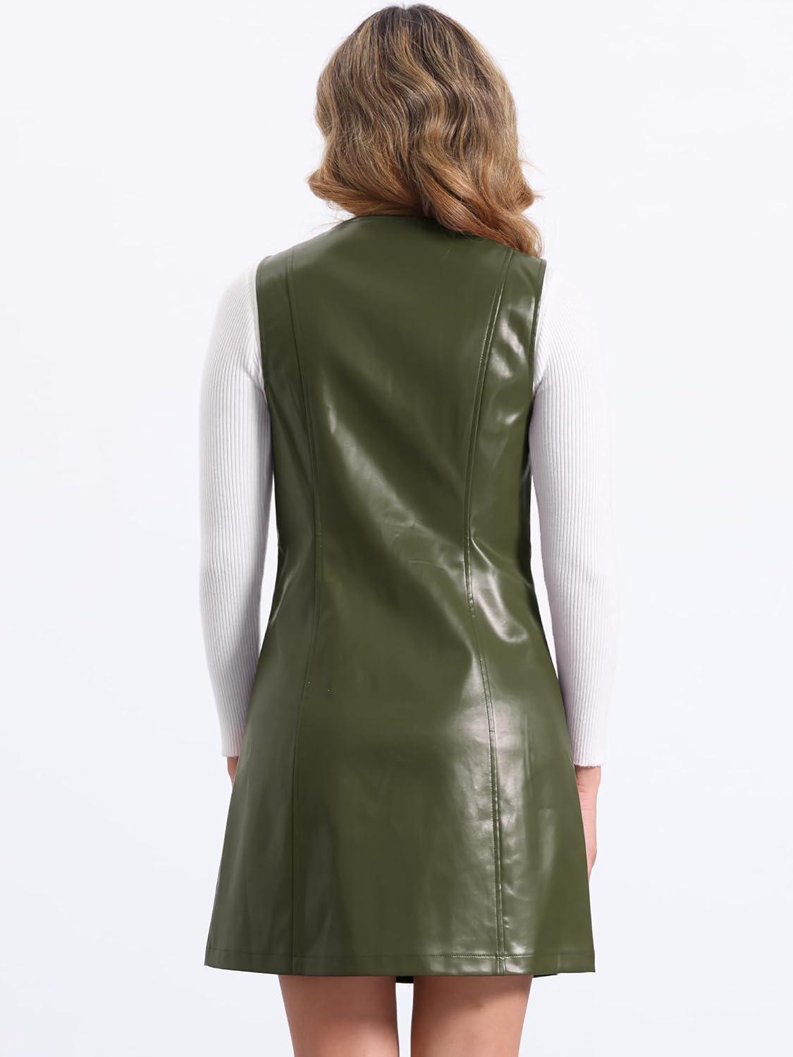 imageAllegra K Faux Leather Dress for Womens Pinafore Button Down V Neck Sleeveless Mini Overall DressesOlive Green