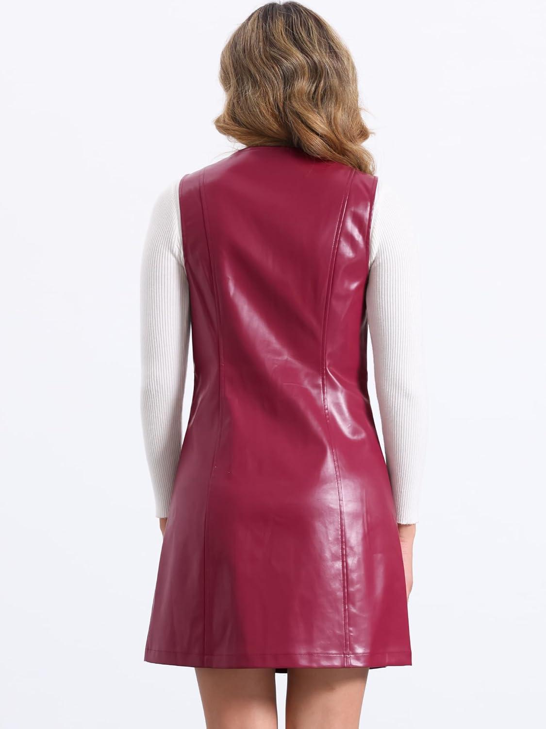 imageAllegra K Faux Leather Dress for Womens Pinafore Button Down V Neck Sleeveless Mini Overall DressesRed