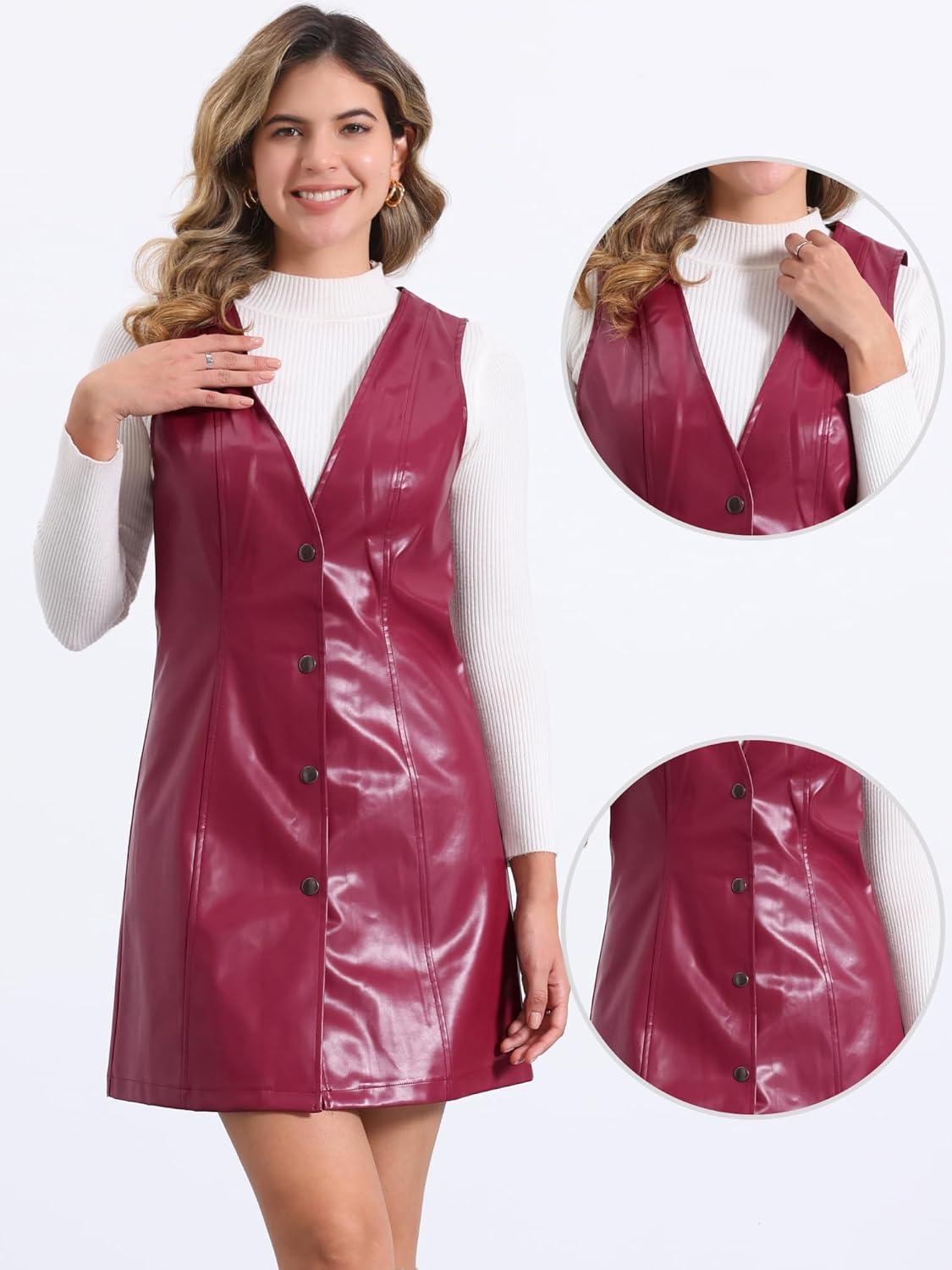 imageAllegra K Faux Leather Dress for Womens Pinafore Button Down V Neck Sleeveless Mini Overall DressesRed