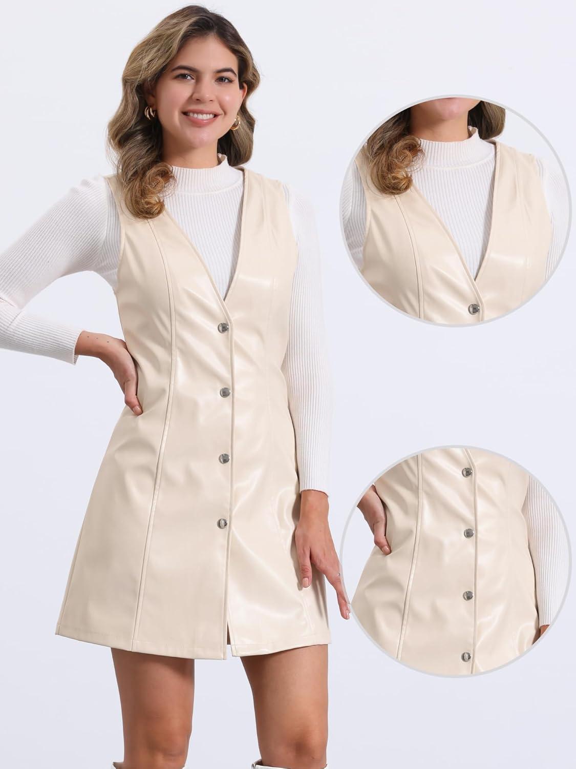 imageAllegra K Faux Leather Dress for Womens Pinafore Button Down V Neck Sleeveless Mini Overall DressesWhite