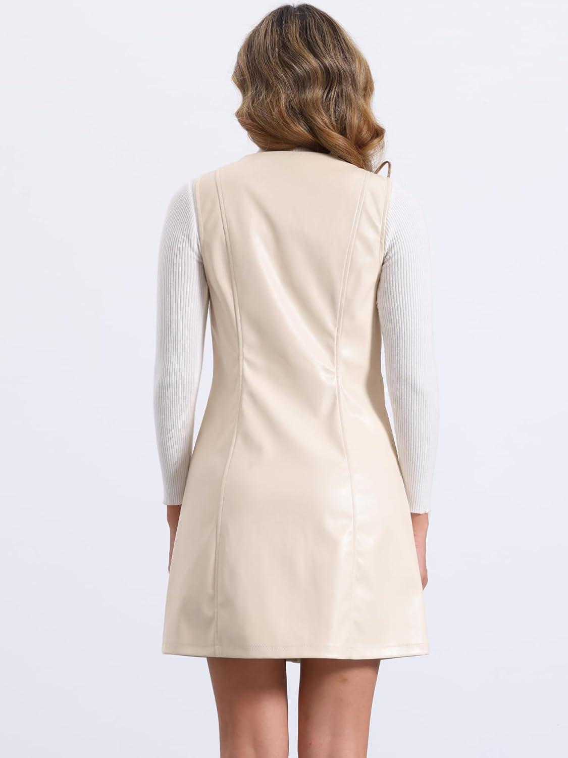 imageAllegra K Faux Leather Dress for Womens Pinafore Button Down V Neck Sleeveless Mini Overall DressesWhite