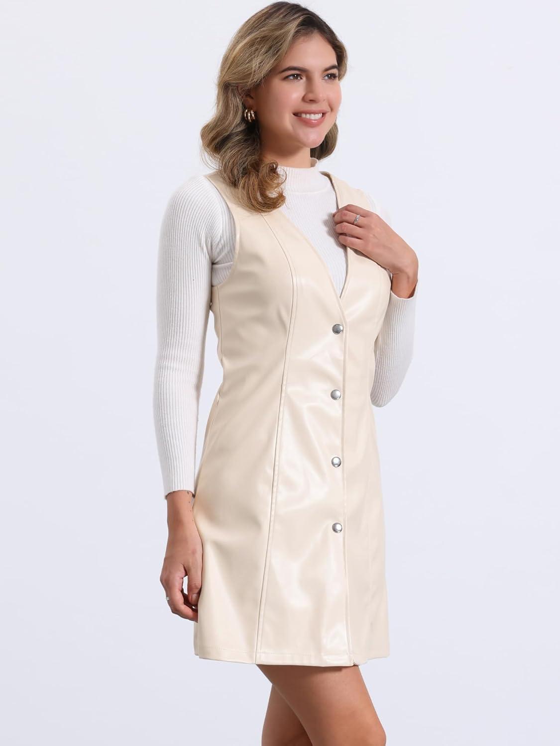 imageAllegra K Faux Leather Dress for Womens Pinafore Button Down V Neck Sleeveless Mini Overall DressesWhite