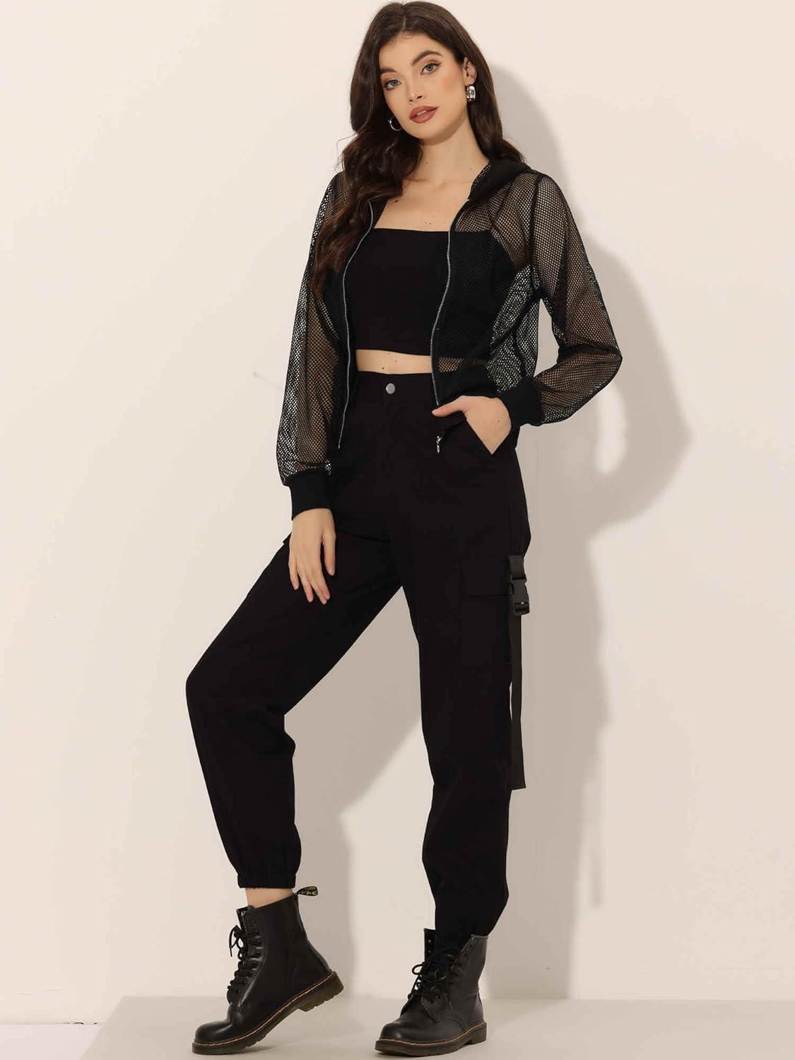 imageAllegra K Hoodie Jacket for Womens 2024 Zip Up Long Sleeve Mesh Sheer Bomber JacketsBlack