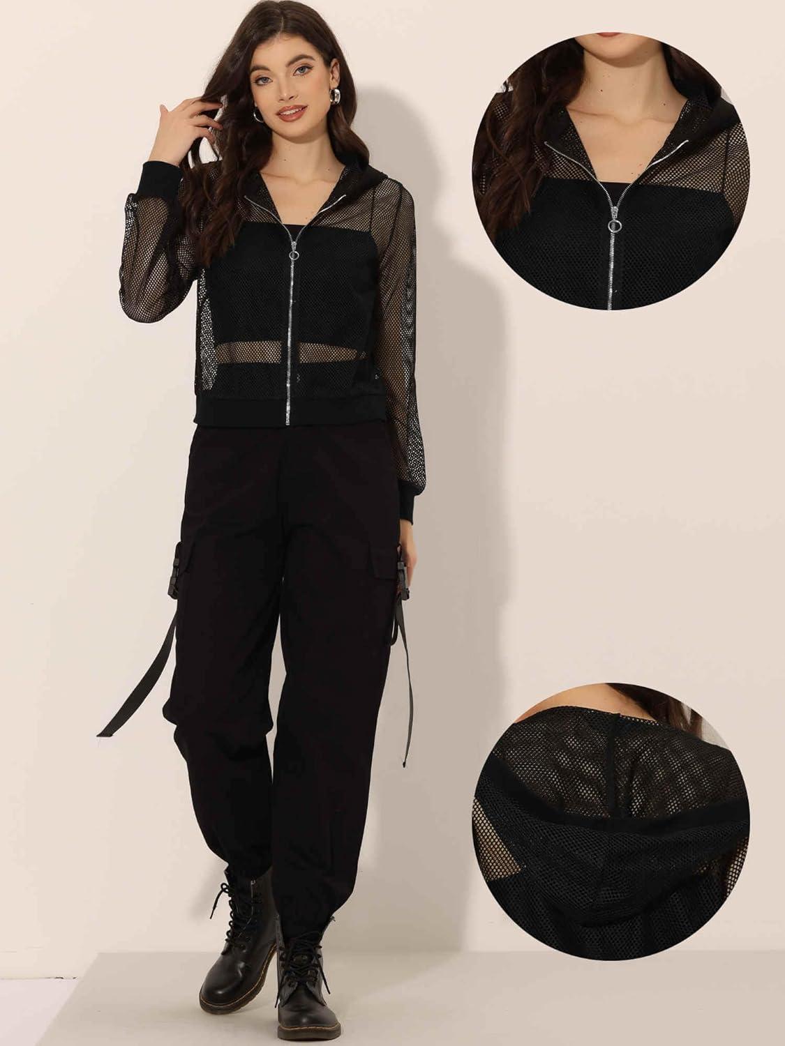 imageAllegra K Hoodie Jacket for Womens 2024 Zip Up Long Sleeve Mesh Sheer Bomber JacketsBlack
