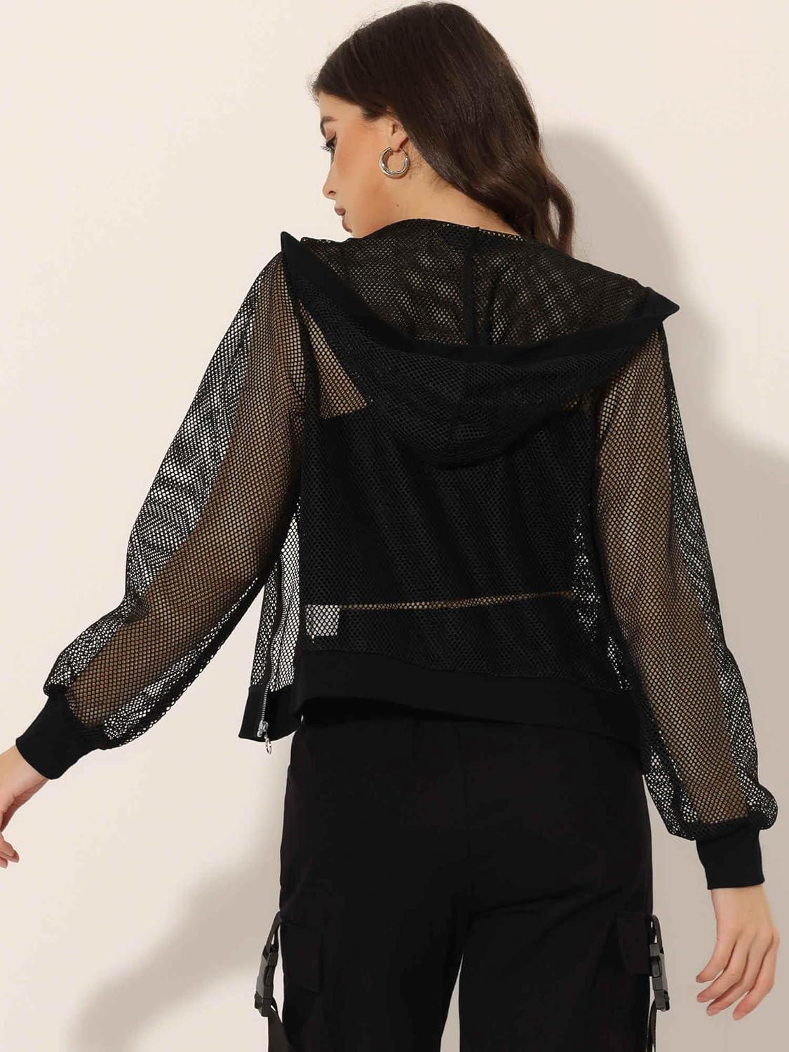 imageAllegra K Hoodie Jacket for Womens 2024 Zip Up Long Sleeve Mesh Sheer Bomber JacketsBlack