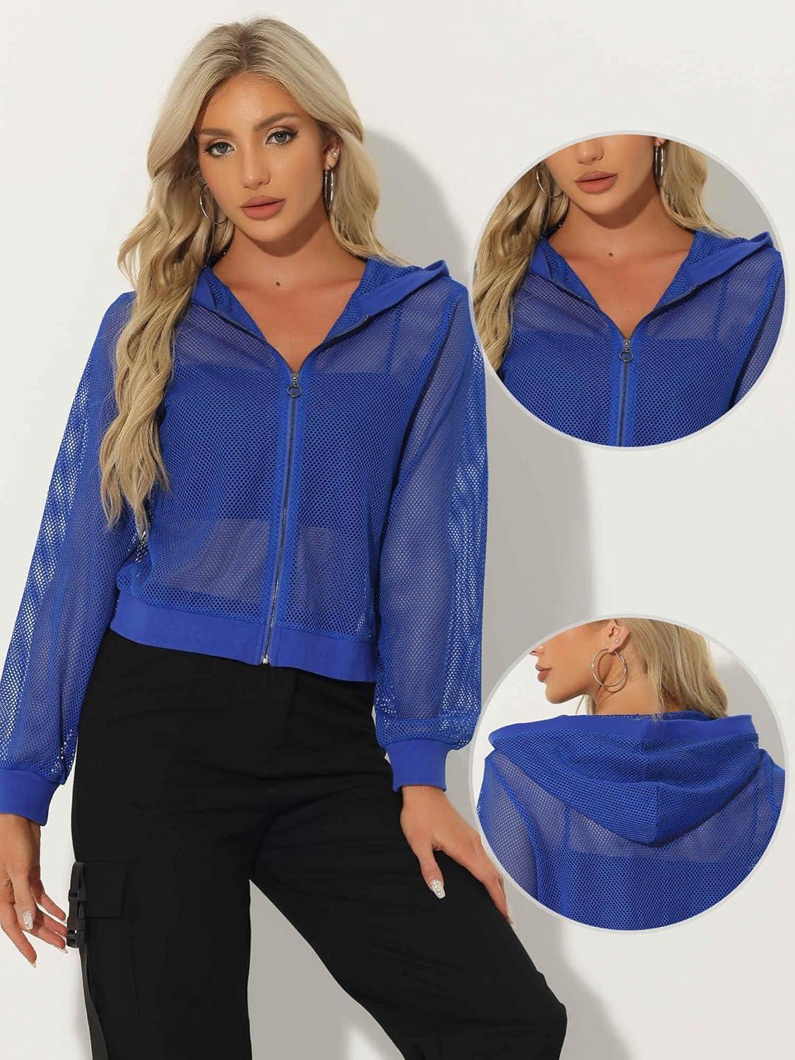 imageAllegra K Hoodie Jacket for Womens 2024 Zip Up Long Sleeve Mesh Sheer Bomber JacketsBlue