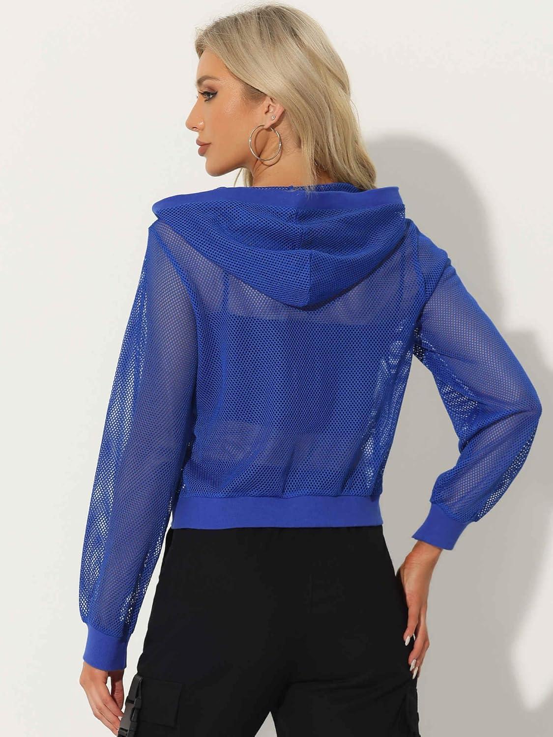 imageAllegra K Hoodie Jacket for Womens 2024 Zip Up Long Sleeve Mesh Sheer Bomber JacketsBlue