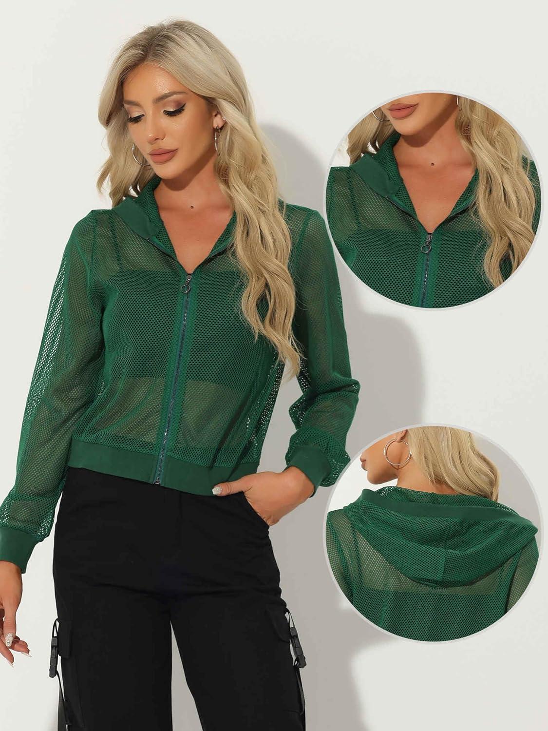imageAllegra K Hoodie Jacket for Womens 2024 Zip Up Long Sleeve Mesh Sheer Bomber JacketsDark Green