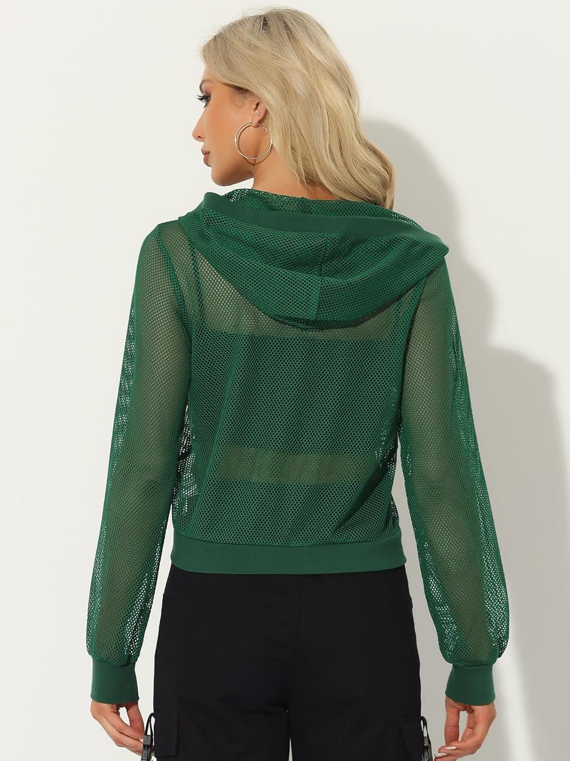 imageAllegra K Hoodie Jacket for Womens 2024 Zip Up Long Sleeve Mesh Sheer Bomber JacketsDark Green