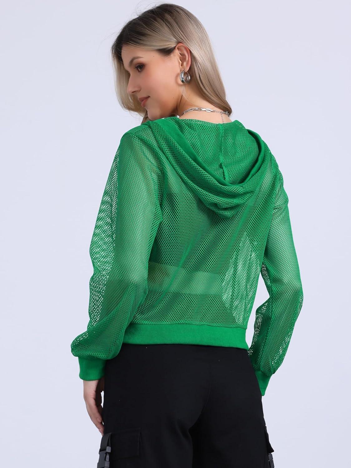 imageAllegra K Hoodie Jacket for Womens 2024 Zip Up Long Sleeve Mesh Sheer Bomber JacketsGreen