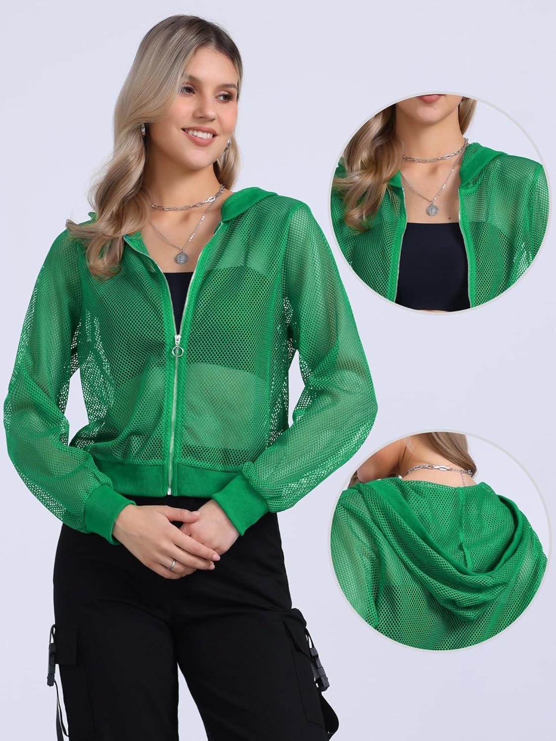 imageAllegra K Hoodie Jacket for Womens 2024 Zip Up Long Sleeve Mesh Sheer Bomber JacketsGreen
