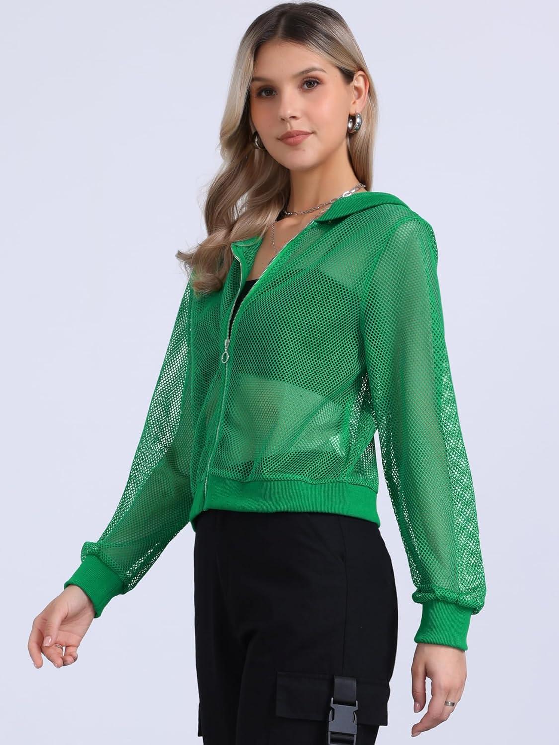 imageAllegra K Hoodie Jacket for Womens 2024 Zip Up Long Sleeve Mesh Sheer Bomber JacketsGreen