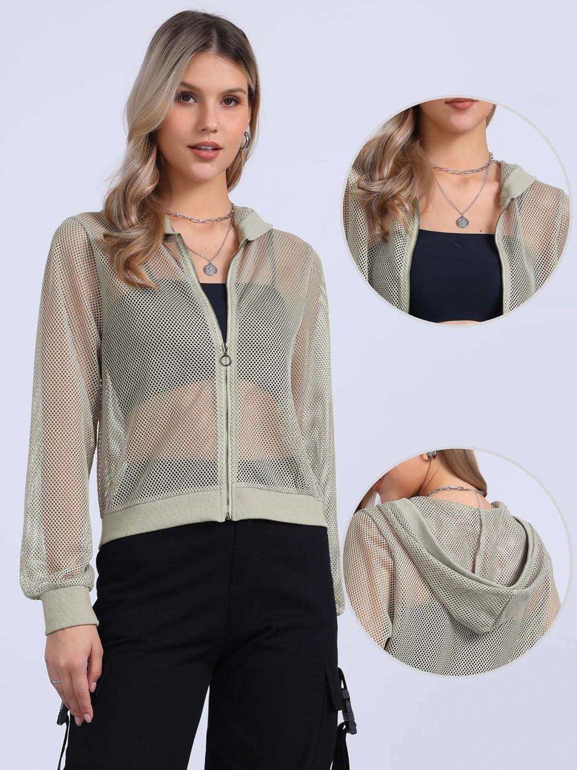 imageAllegra K Hoodie Jacket for Womens 2024 Zip Up Long Sleeve Mesh Sheer Bomber JacketsGrey