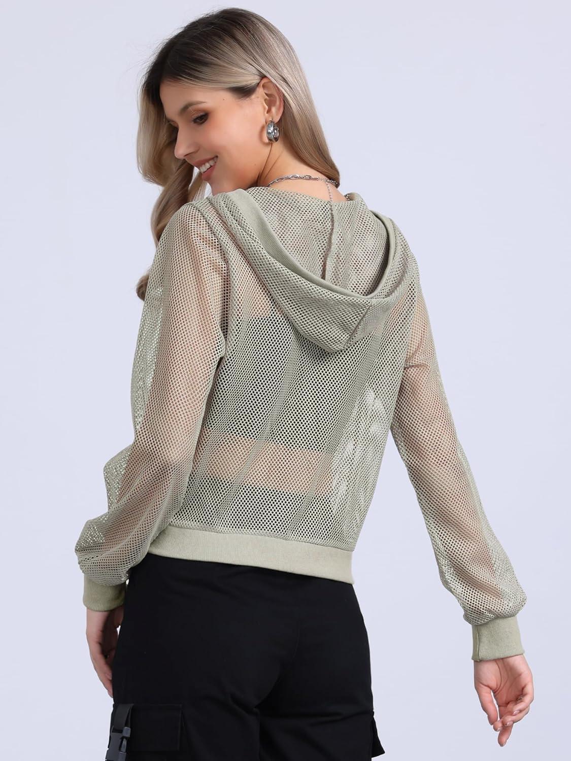 imageAllegra K Hoodie Jacket for Womens 2024 Zip Up Long Sleeve Mesh Sheer Bomber JacketsGrey