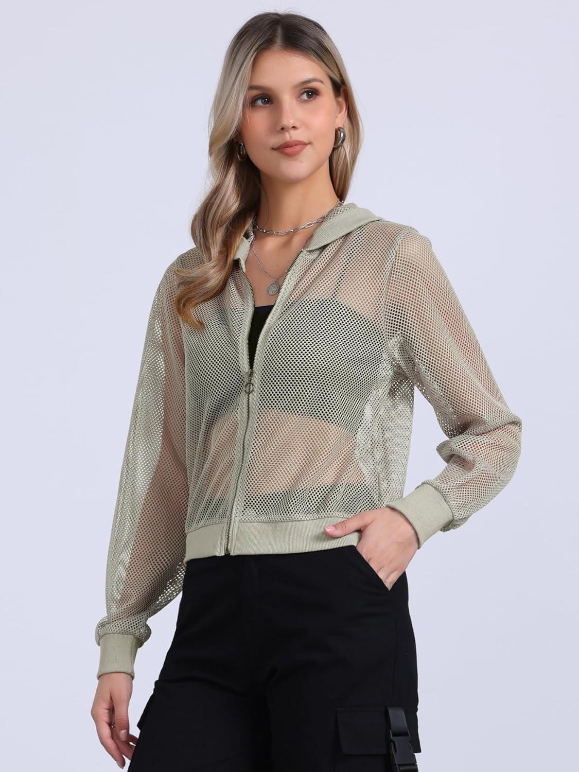 imageAllegra K Hoodie Jacket for Womens 2024 Zip Up Long Sleeve Mesh Sheer Bomber JacketsGrey