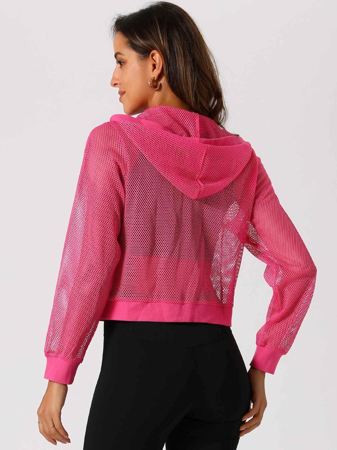 imageAllegra K Hoodie Jacket for Womens 2024 Zip Up Long Sleeve Mesh Sheer Bomber JacketsHot Pink