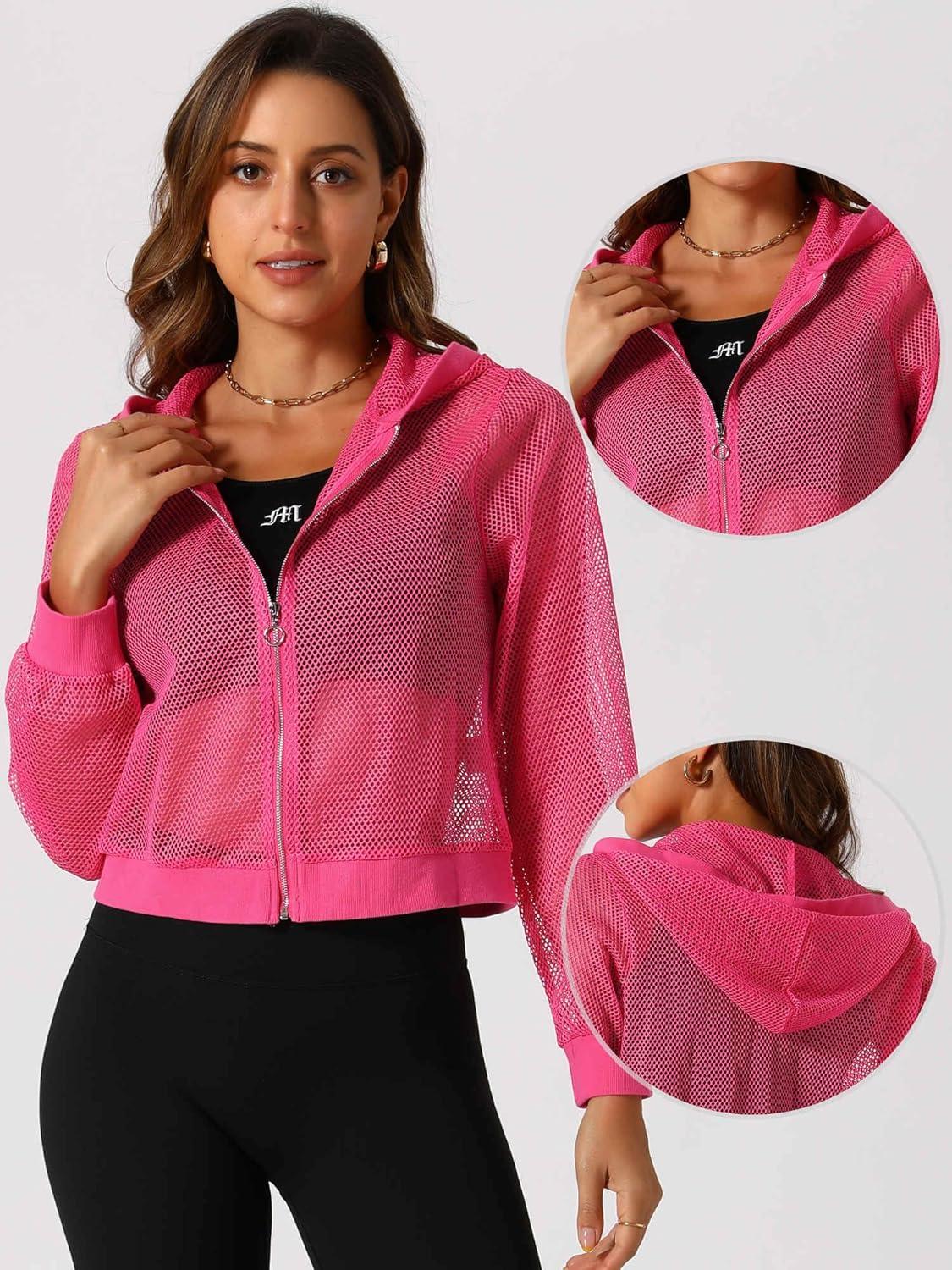imageAllegra K Hoodie Jacket for Womens 2024 Zip Up Long Sleeve Mesh Sheer Bomber JacketsHot Pink