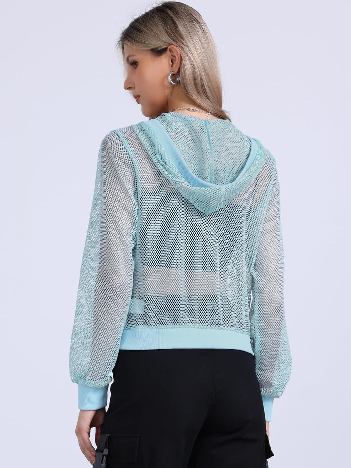 imageAllegra K Hoodie Jacket for Womens 2024 Zip Up Long Sleeve Mesh Sheer Bomber JacketsLight Blue