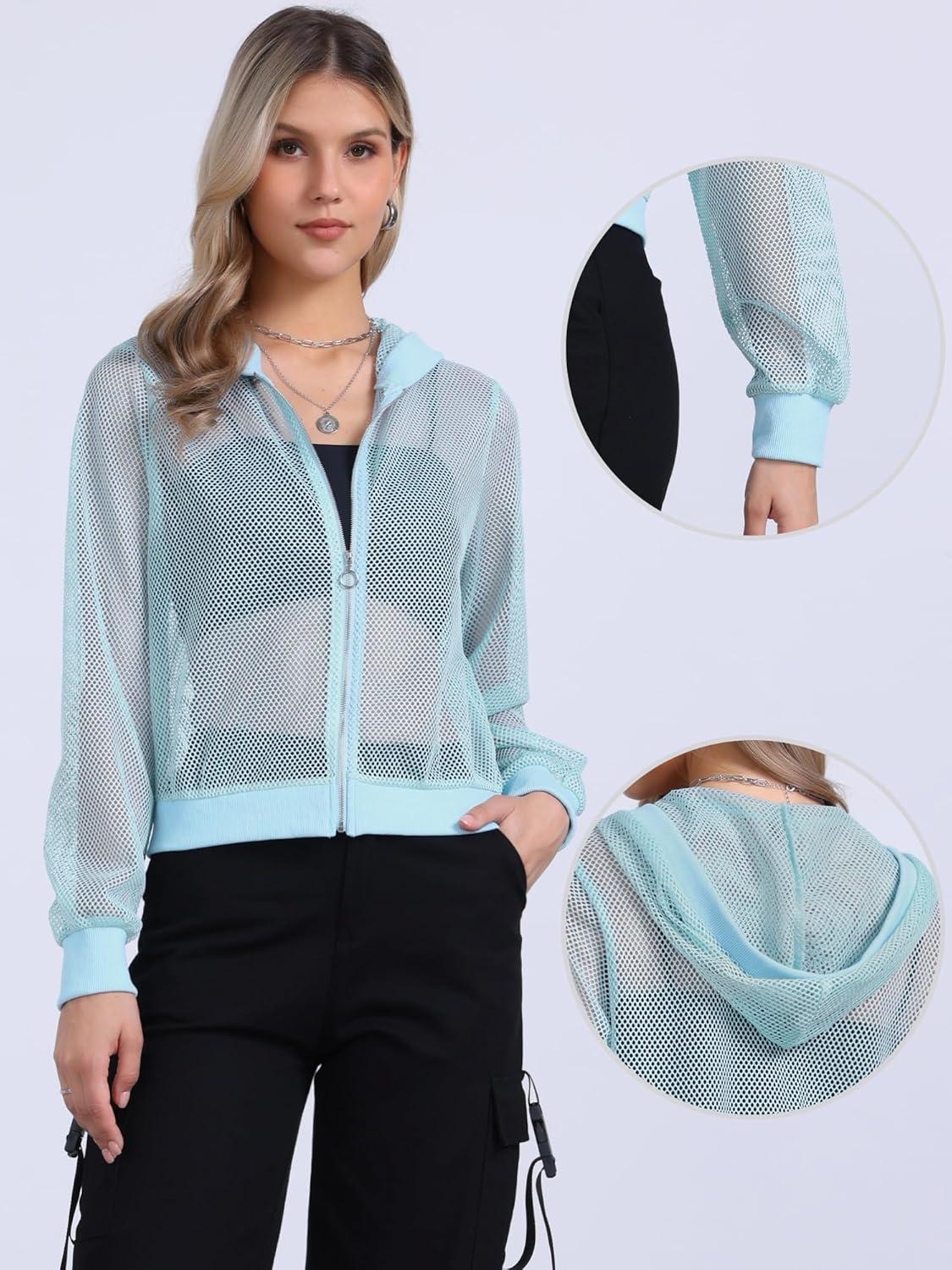 imageAllegra K Hoodie Jacket for Womens 2024 Zip Up Long Sleeve Mesh Sheer Bomber JacketsLight Blue