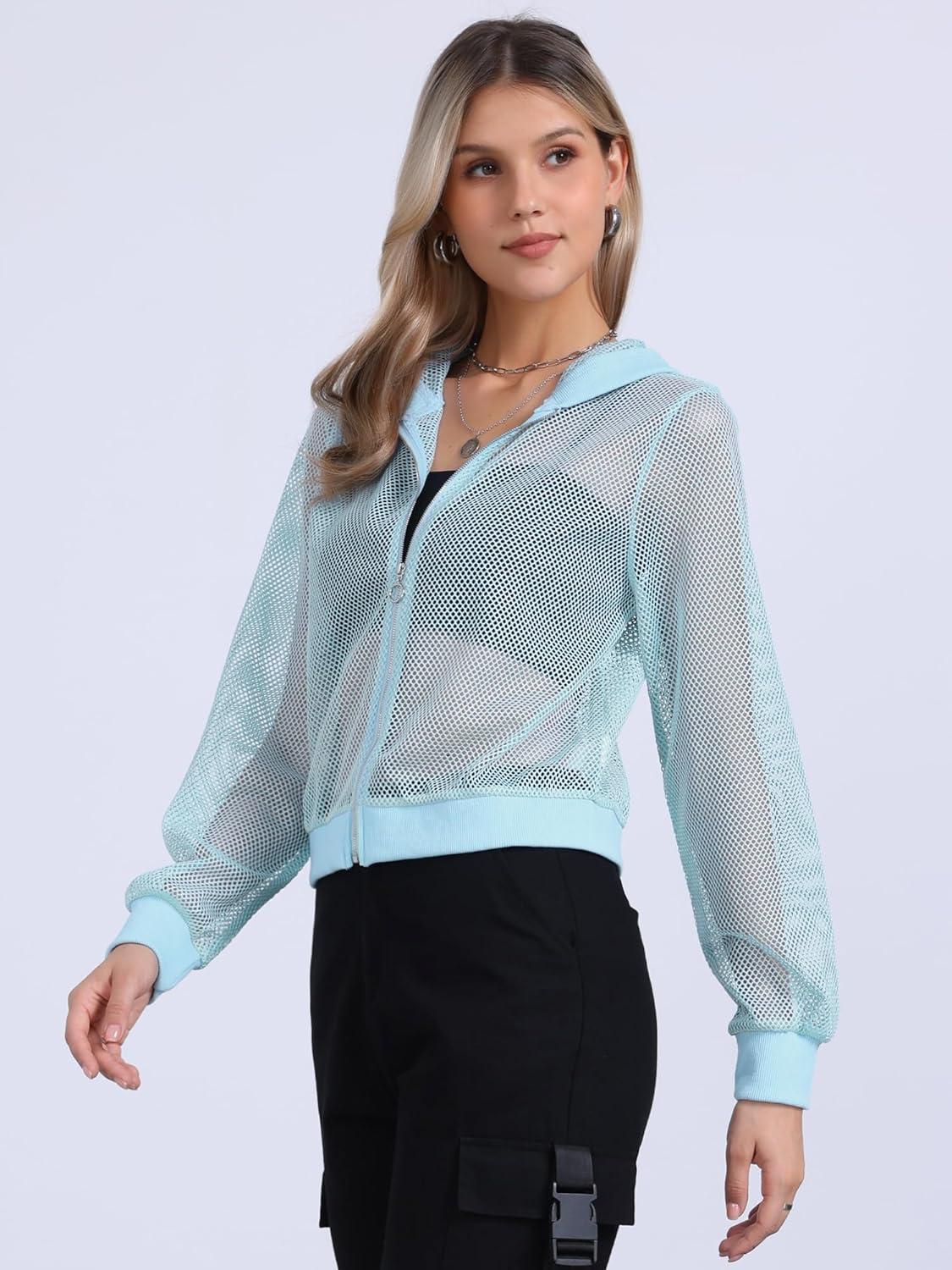imageAllegra K Hoodie Jacket for Womens 2024 Zip Up Long Sleeve Mesh Sheer Bomber JacketsLight Blue