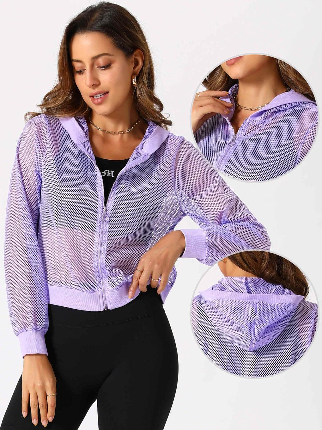 imageAllegra K Hoodie Jacket for Womens 2024 Zip Up Long Sleeve Mesh Sheer Bomber JacketsLight Purple