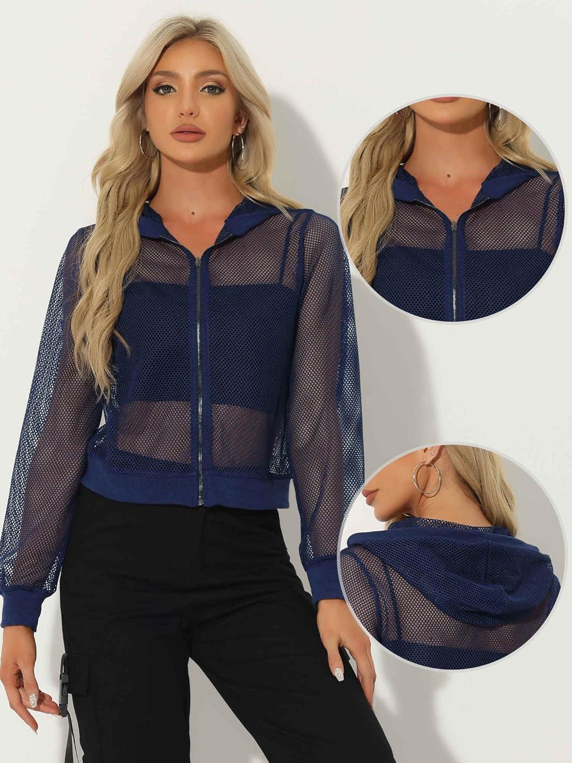 imageAllegra K Hoodie Jacket for Womens 2024 Zip Up Long Sleeve Mesh Sheer Bomber JacketsNavy Blue