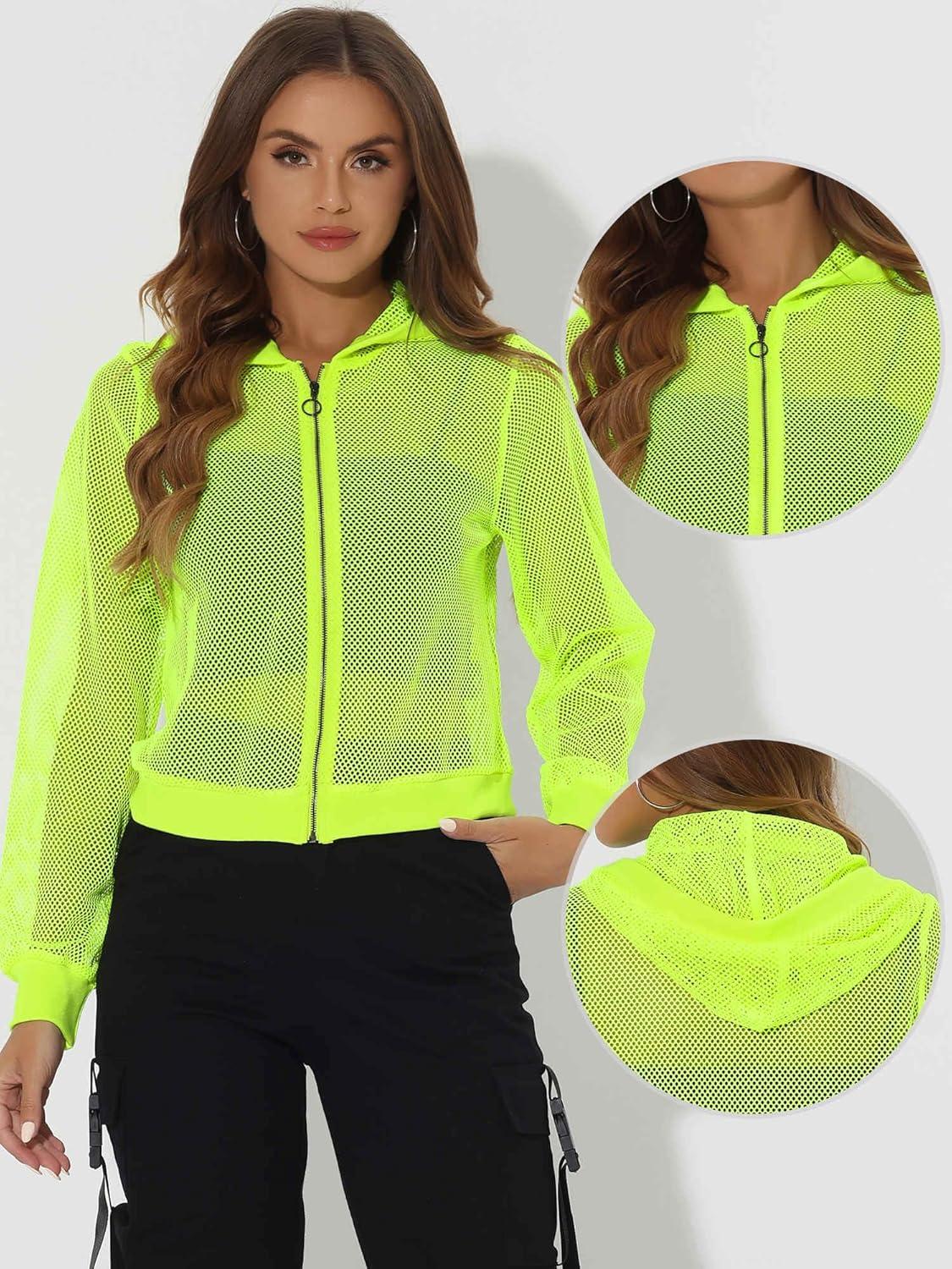 imageAllegra K Hoodie Jacket for Womens 2024 Zip Up Long Sleeve Mesh Sheer Bomber JacketsNeon Yellow